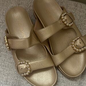 Stuart Weitzman Gold Sandals with Embellished Buckles